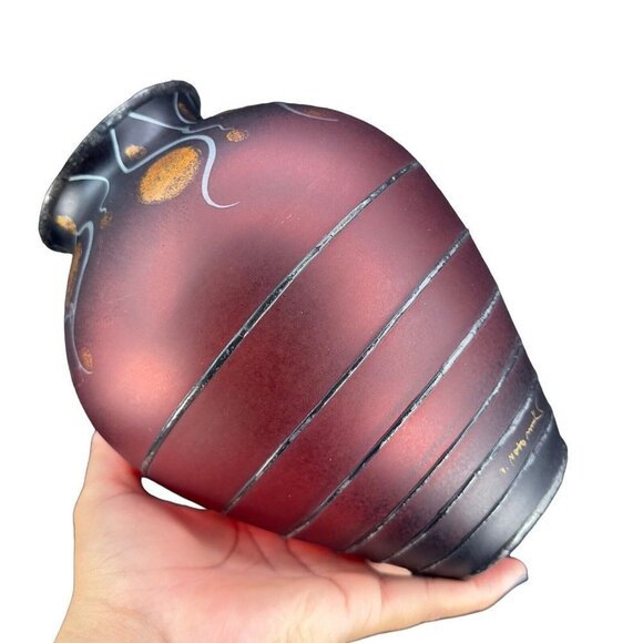 MIRACLE STUDIO CZECH ART VLASTA VOBORNIKOVA GLASS VASE SIGNED PAINTED RED BLACK - Picture 9 of 14